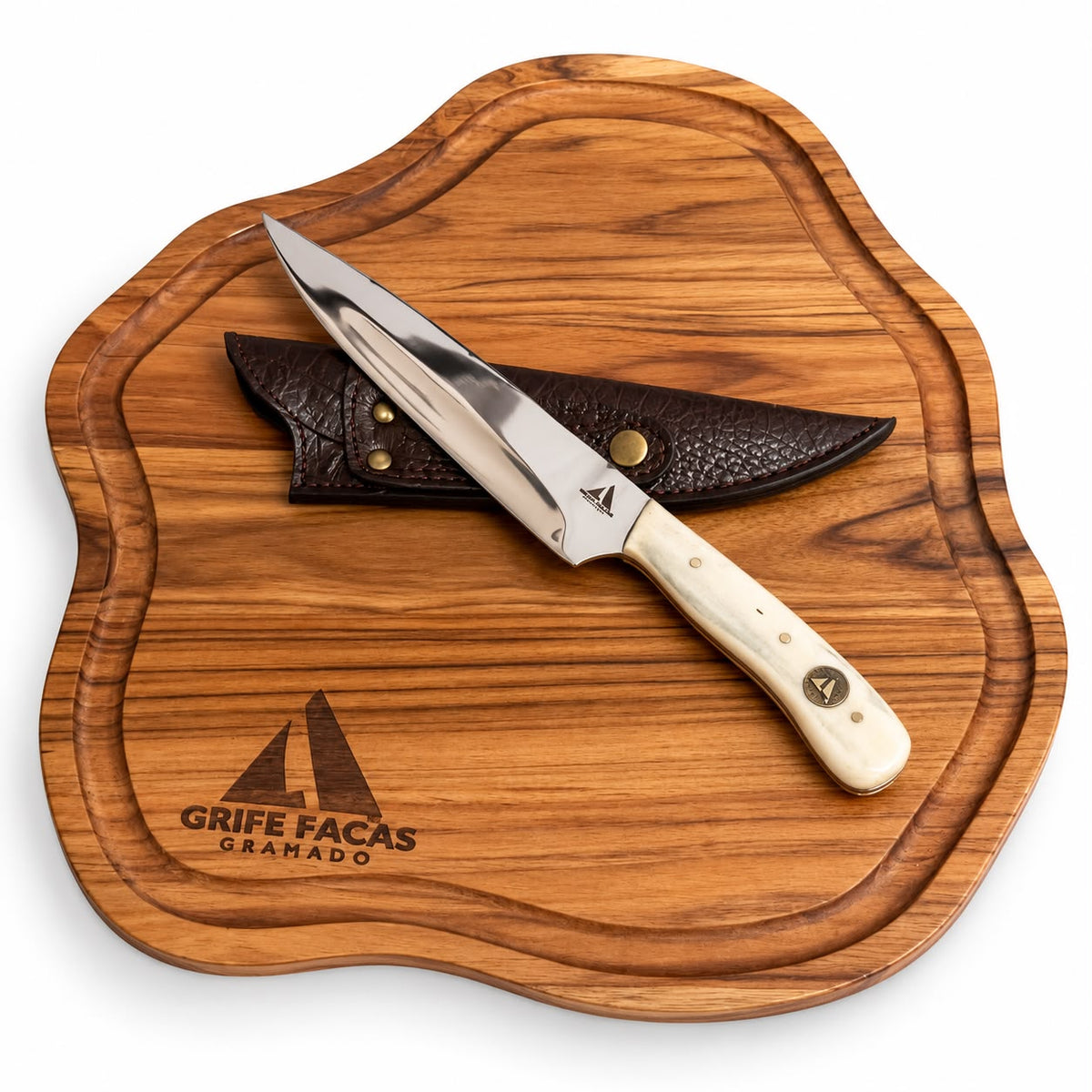 Kit Churrasco Tábua Teca + Faca Artesanal 7"