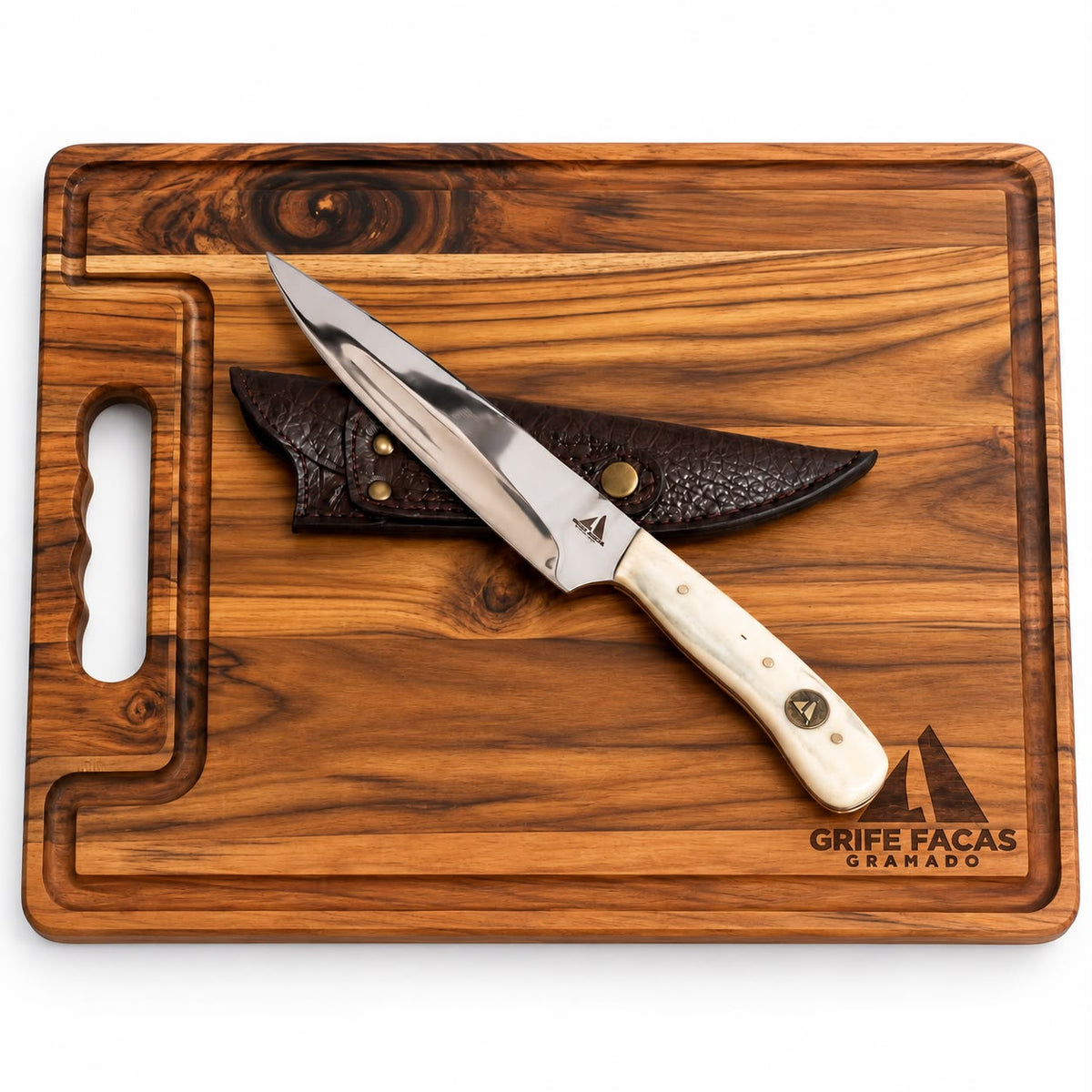 Kit Churrasco Tábua Teca + Faca Artesanal 7"